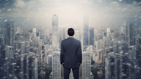 Businessman looking at the city with skyscrapers in the backgroundの素材