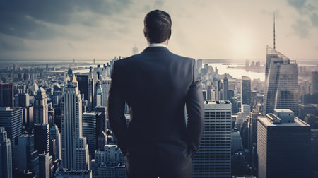 Businessman looking at the city from the top of a skyscraperの素材