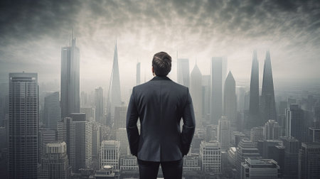 Rear view of businessman looking at skyscrapers against cloudy skyの素材