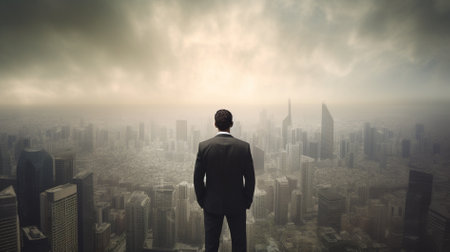 Businessman standing with back and looking at the city in the cloudsの素材