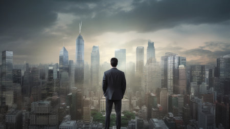 Back view of businessman looking at skyscrapers against cloudy sky backgroundの素材