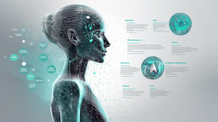 3d rendering of a female head with digital brain and medical infographicの素材