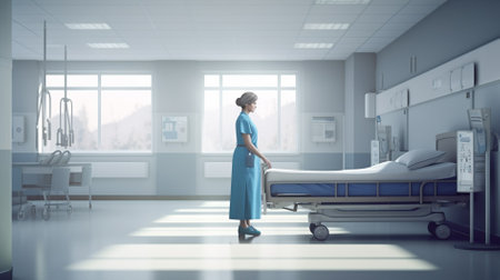 Young woman in blue dress standing in hospital corridor. 3d renderingの素材