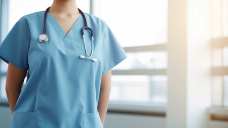 Female doctor standing with folder at hospital. Medical and healthcare concept.の素材