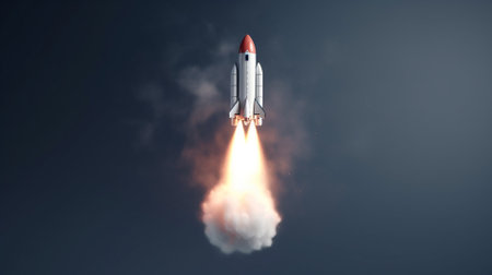 Rocket taking off into the sky. 3d rendering mock up.の素材