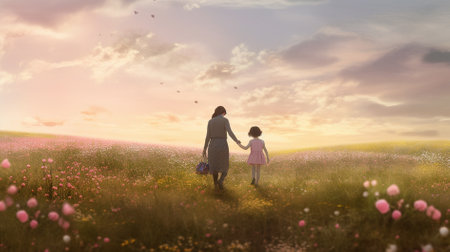 Mother and daughter walking in the meadow at sunset. Concept of friendly family.の素材