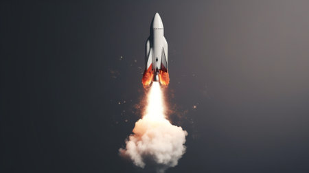 Rocket taking off into the sky. 3d illustration. Success concept.の素材