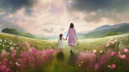 Mother and daughter walking in the field against pink flowers in a meadowの素材