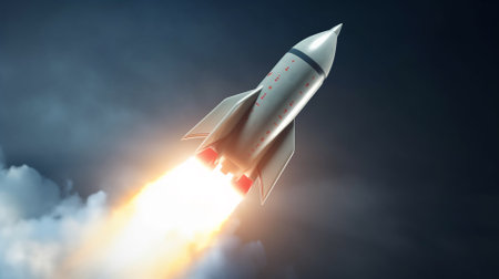 Rocket flying high in the sky. Mixed media. Mixed media. Mixed mediaの素材