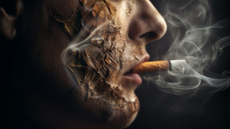 Close-up portrait of a man smoking a cigarette on a dark backgroundの素材
