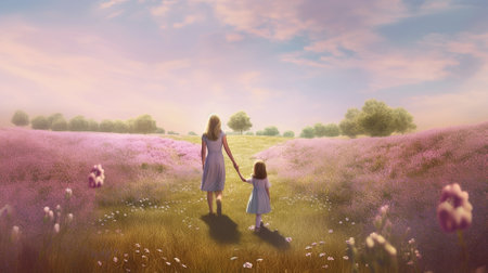 Mother and daughter walking in the lavender field. 3d renderの素材