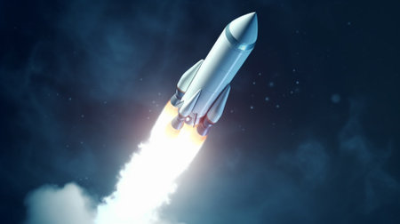 Rocket flying high in the sky. This is a 3d render illustrationの素材