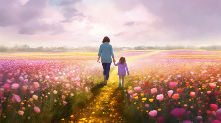 Mother and daughter walking in tulip field at sunset. Concept of happy family.の素材