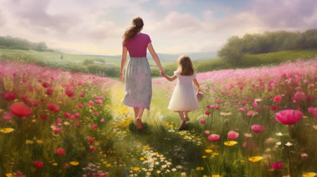 Mother and daughter walking in a blooming meadow on a sunny dayの素材