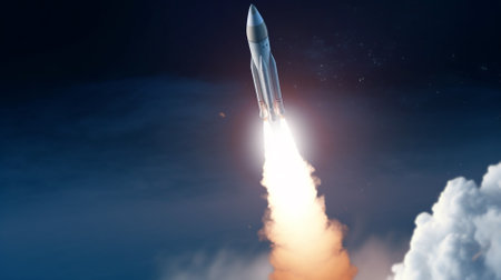 Rocket taking off into the night sky. 3d rendering image.の素材