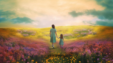Mother and daughter walking in the meadow at sunset. 3D renderingの素材
