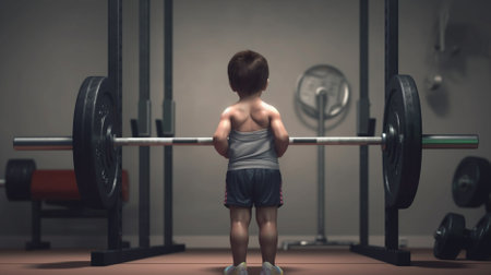 Little boy lifting a barbell in a gym. Healthy lifestyle concept.の素材