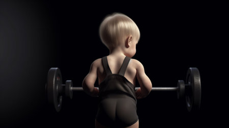 Little boy lifting a barbell on a black background. 3d renderingの素材