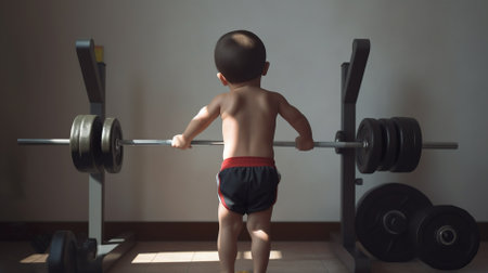 Little boy lifting a barbell in the gym, healthy lifestyle conceptの素材