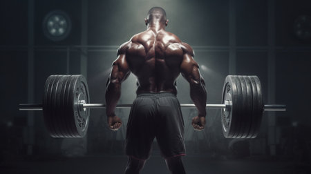 Bodybuilder lifting barbell in gym. Muscular bodybuilder lifting barbell.の素材