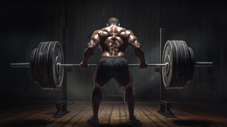Athletic man lifting a barbell in a dark roomの素材