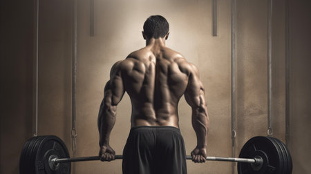 Bodybuilder lifting a barbell in a gym. 3D renderingの素材