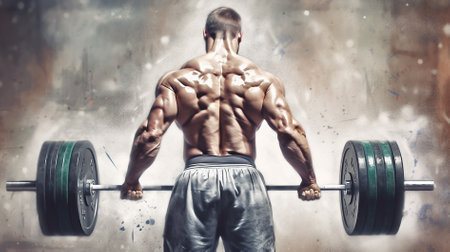 Handsome young muscular Caucasian man working out with a barbell in a gymの素材