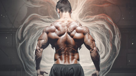 Handsome young man with perfect muscular body posing in gym. Fitness and bodybuilding concept. Mixed mediaの素材