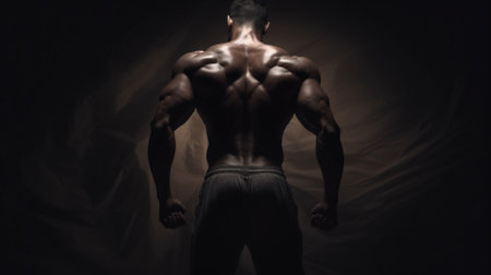 Handsome young man with muscular body posing over dark background.の素材