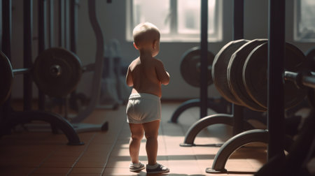 Little boy doing exercises in the gym. Fitness and bodybuilding concept.の素材