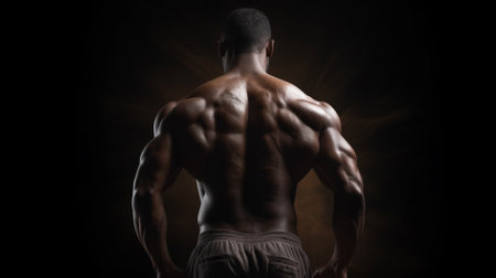 Rear view of a muscular man posing on a black background.の素材