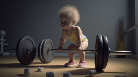 Little girl lifting a barbell in a gym. 3d renderingの素材