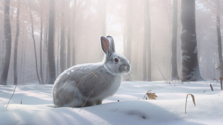 Rabbit in the winter forest. Easter rabbit in the snowy forest.の素材