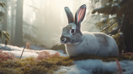 Cute rabbit in winter forest. Filtered image processed vintage effect.の素材