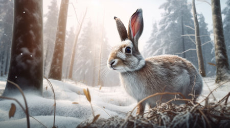 Rabbit in winter forest. Easter background. Happy easter.の素材