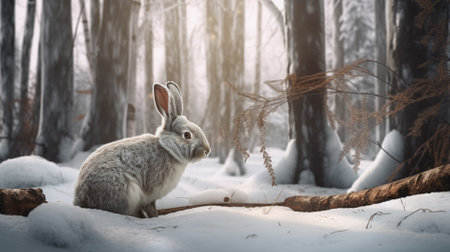 Cute rabbit in winter forest. Filtered image processed vintage effect.の素材