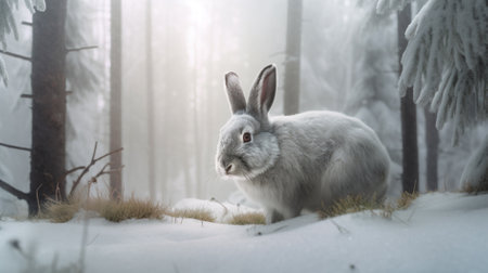 Rabbit in winter forest. White rabbit in the winter forest.の素材