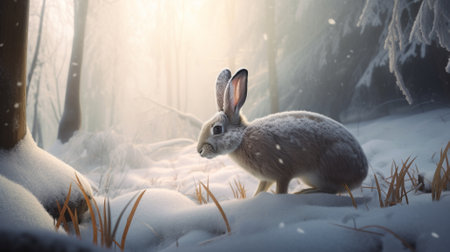 Cute gray hare in snowy forest. Animal in winter.の素材