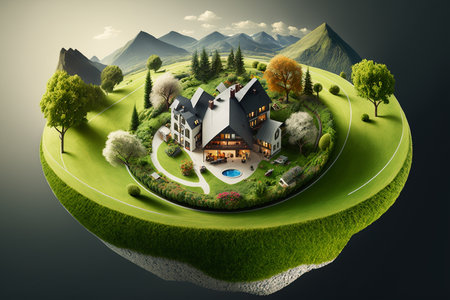 3d rendering of a country house in the middle of the green fieldの素材