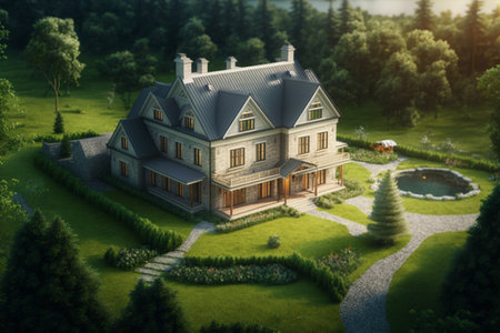3D rendering of a country house in the middle of the forestの素材