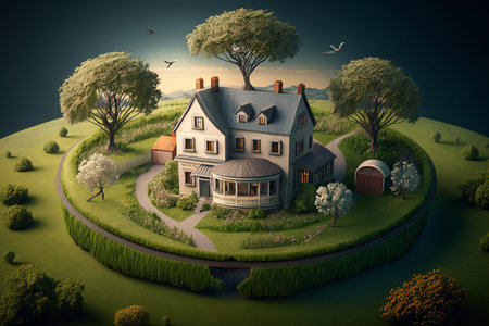 3d render of a house surrounded by nature and birds flying in the skyの素材