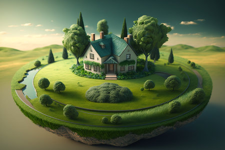 House in the middle of the green field. 3d illustration.の素材