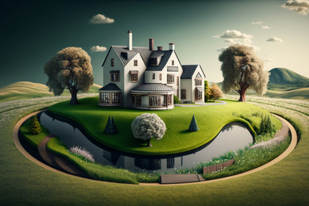3D rendering of a country house with a pond in the middleの素材