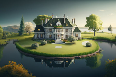 Beautiful house in the middle of the lake. 3d renderの素材