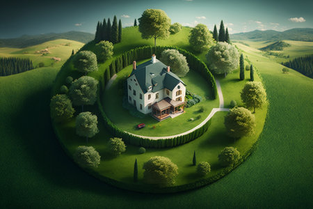 3d rendering of a house in the middle of a green fieldの素材