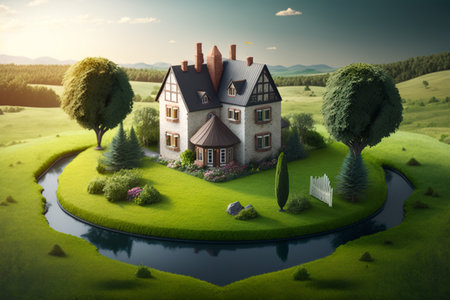 House on the meadow. 3d render. Conceptual imageの素材