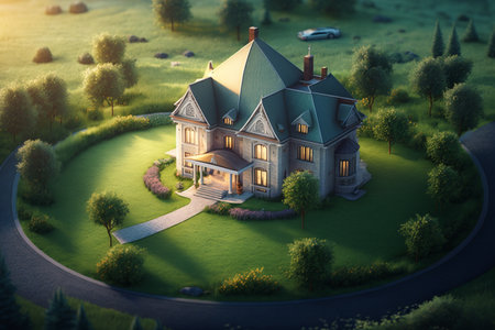 3d render of a beautiful house in the middle of the forestの素材