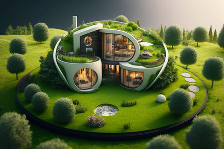 3d render of modern house in the green forest. Eco conceptの素材