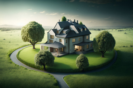 House on the hill with trees and meadow. 3d renderingの素材