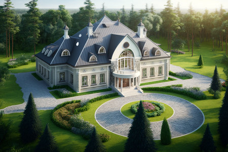 3d render of a beautiful house in the forest with a beautiful gardenの素材